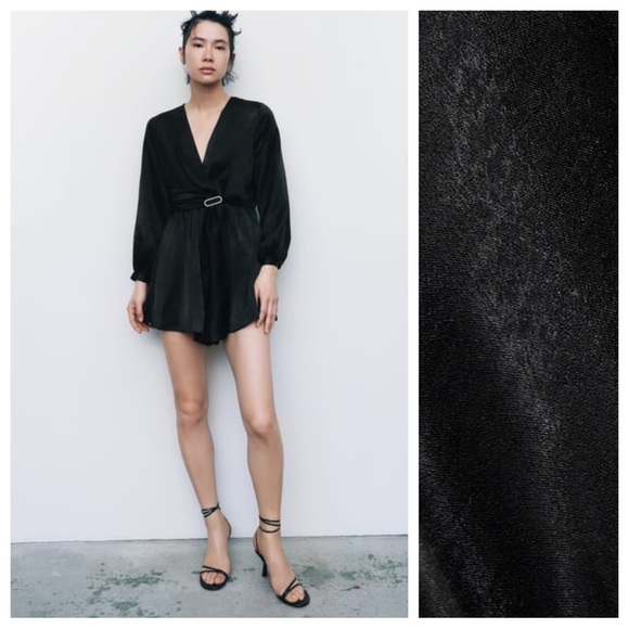 NWT. Zara Black Satin Effect Buckled Short Wrap Style V-neck Jumpsuit. Size M. - Picture 1 of 12